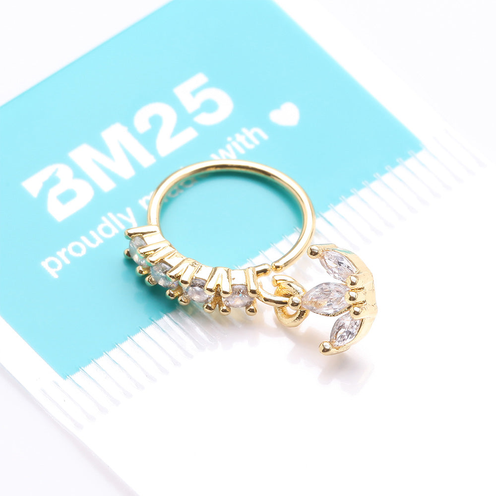 Detail View 3 of Golden Trefoil Marquise Floral Sparkle Dangle Multi-Gem Lined Bendable Hoop Ring-Clear Gem