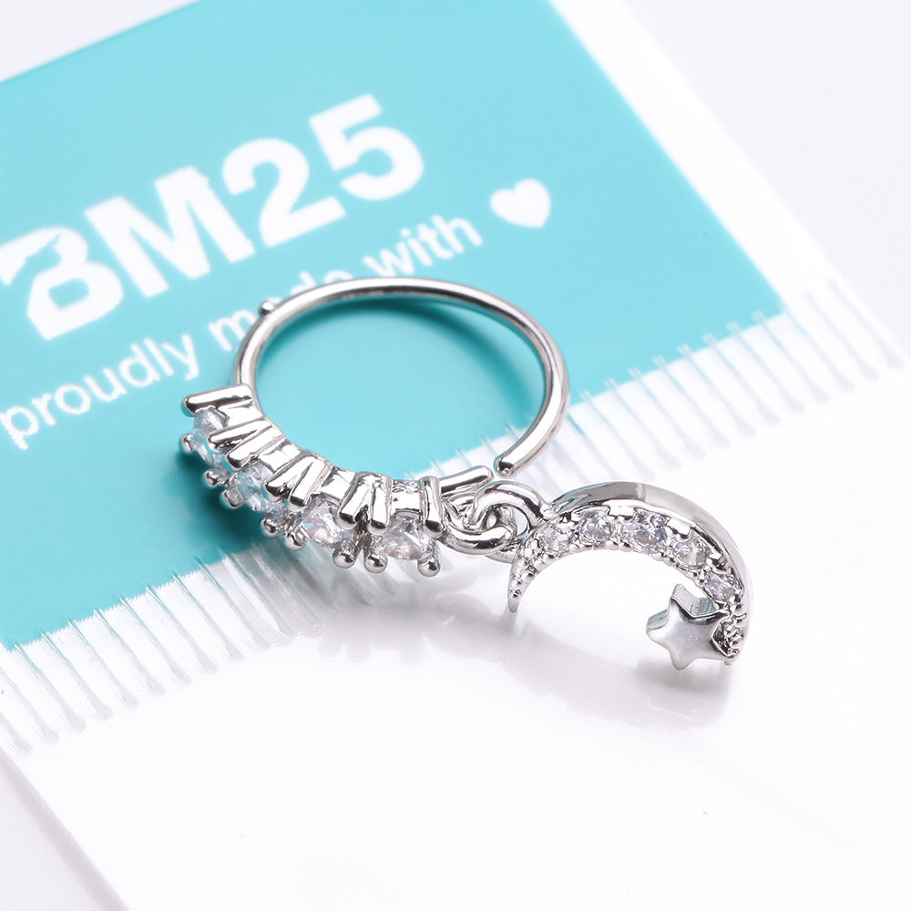 Detail View 3 of Crescent Moon and Star Sparkle Dangle Multi-Gem Lined Bendable Hoop Ring-Clear Gem