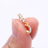 Detail View 2 of Golden Crescent Moon and Star Sparkle Dangle Multi-Gem Lined Bendable Hoop Ring-Clear Gem