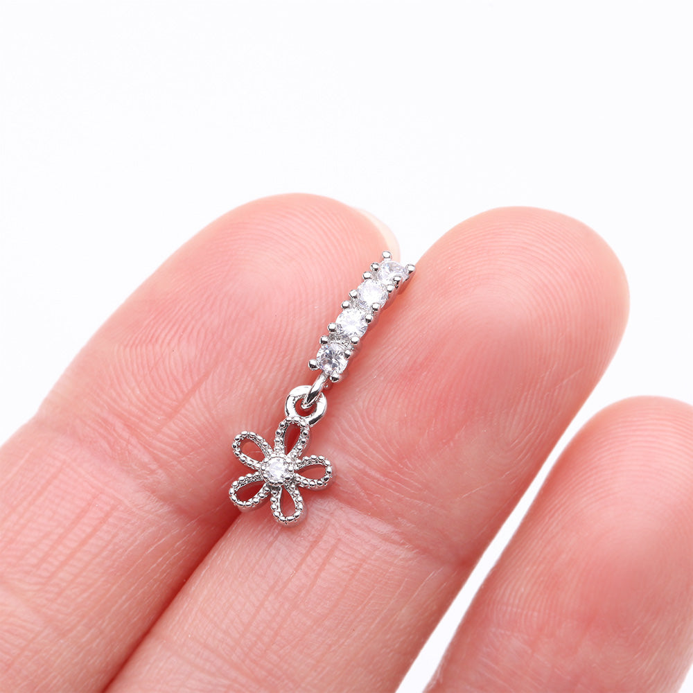 Detail View 2 of Adorable Hollow Flower Sparkle Dangle Multi-Gem Lined Bendable Hoop Ring-Clear Gem