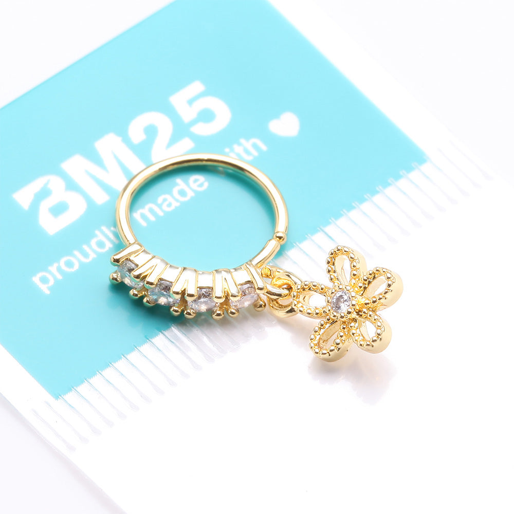 Detail View 3 of Golden Adorable Hollow Flower Sparkle Dangle Multi-Gem Lined Bendable Hoop Ring-Clear Gem
