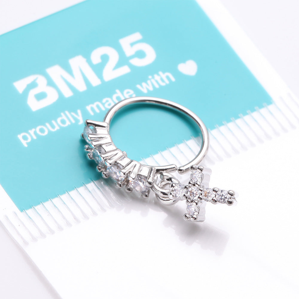 Detail View 3 of Brilliant Cross Sparkle Dangle Multi-Gem Lined Bendable Hoop Ring-Clear Gem