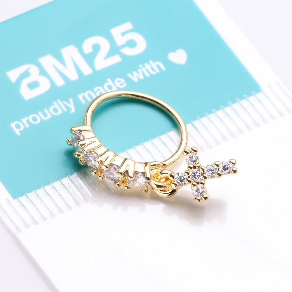 Detail View 3 of Golden Brilliant Cross Sparkle Dangle Multi-Gem Lined Bendable Hoop Ring-Clear Gem