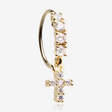Golden Brilliant Cross Sparkle Dangle Multi-Gem Lined Bendable Hoop Ring