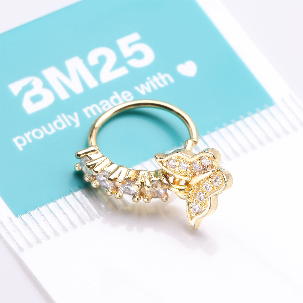 Detail View 3 of Golden Butterfly Elegance Sparkle Dangle Multi-Gem Lined Bendable Hoop Ring-Clear Gem