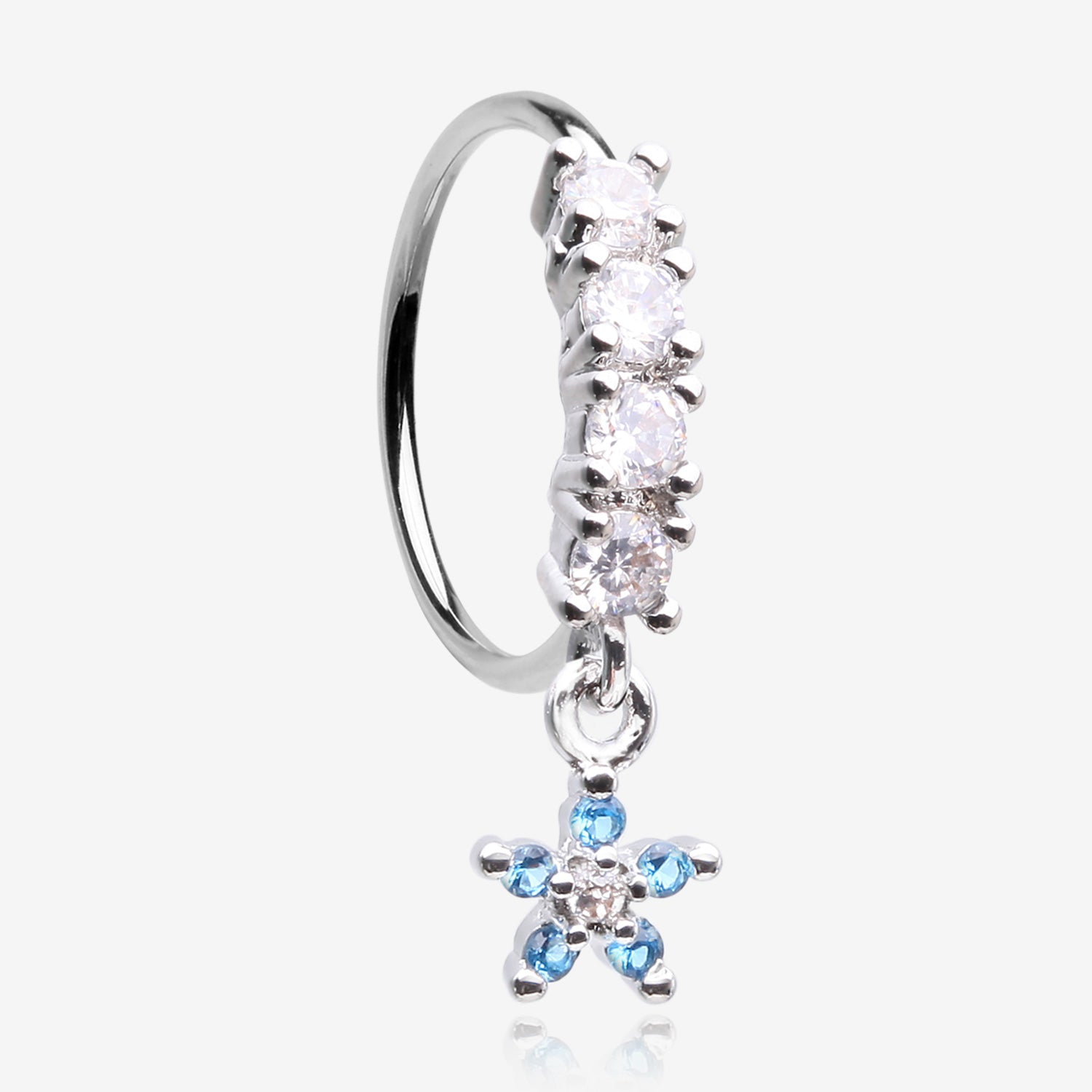 Magnificent Flower Sparkle Dangle Multi-Gem Lined Bendable Hoop Ring-Blue/Clear Gem