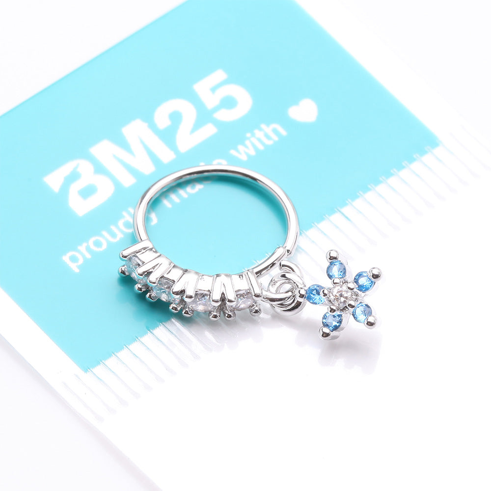 Detail View 3 of Magnificent Flower Sparkle Dangle Multi-Gem Lined Bendable Hoop Ring-Blue/Clear Gem