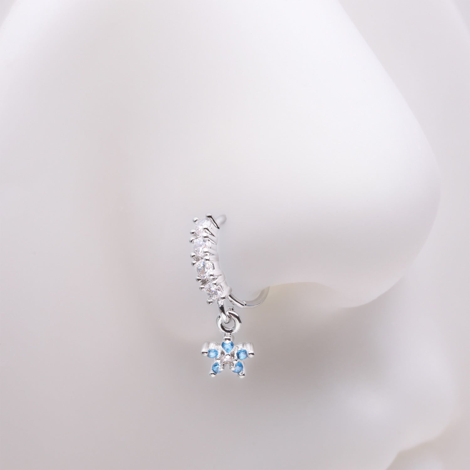 Detail View 1 of Magnificent Flower Sparkle Dangle Multi-Gem Lined Bendable Hoop Ring-Blue/Clear Gem