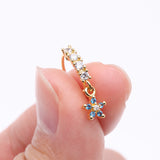 Detail View 2 of Golden Magnificent Flower Sparkle Dangle Multi-Gem Lined Bendable Hoop Ring-Blue/Clear Gem