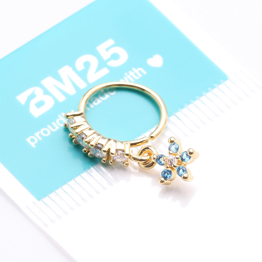 Detail View 3 of Golden Magnificent Flower Sparkle Dangle Multi-Gem Lined Bendable Hoop Ring-Blue/Clear Gem