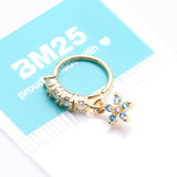 Detail View 3 of Golden Magnificent Flower Sparkle Dangle Multi-Gem Lined Bendable Hoop Ring-Blue/Clear Gem