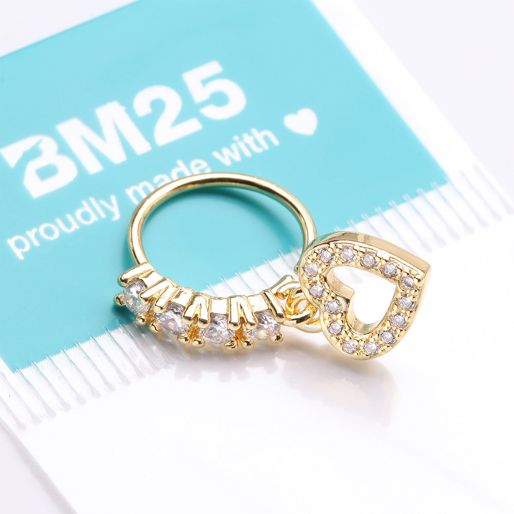 Detail View 3 of Golden Heart Loop Sparkle Dangle Multi-Gem Lined Bendable Hoop Ring-Clear Gem