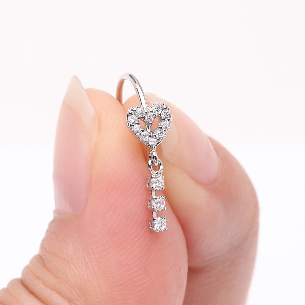 Detail View 2 of Sparkle Heart Loop Dangle Gem Drop Bendable Hoop Ring-Clear Gem