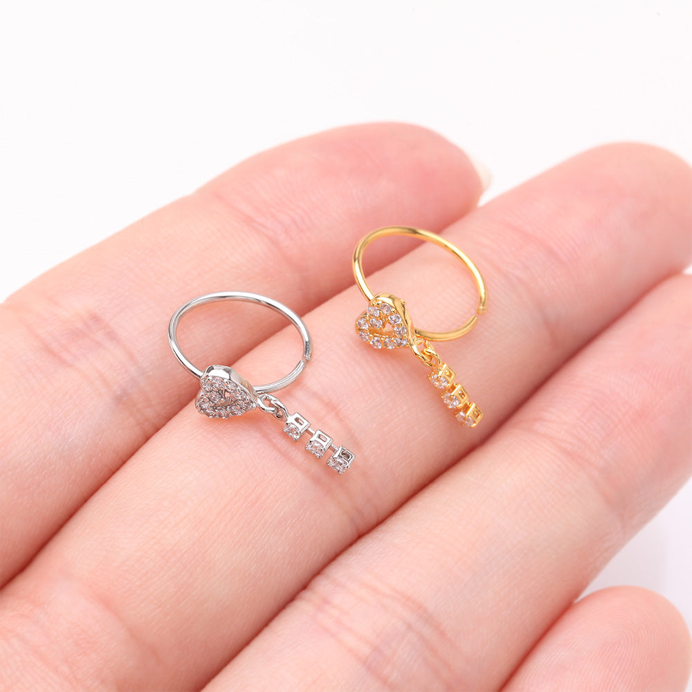 Detail View 3 of Sparkle Heart Loop Dangle Gem Drop Bendable Hoop Ring-Clear Gem