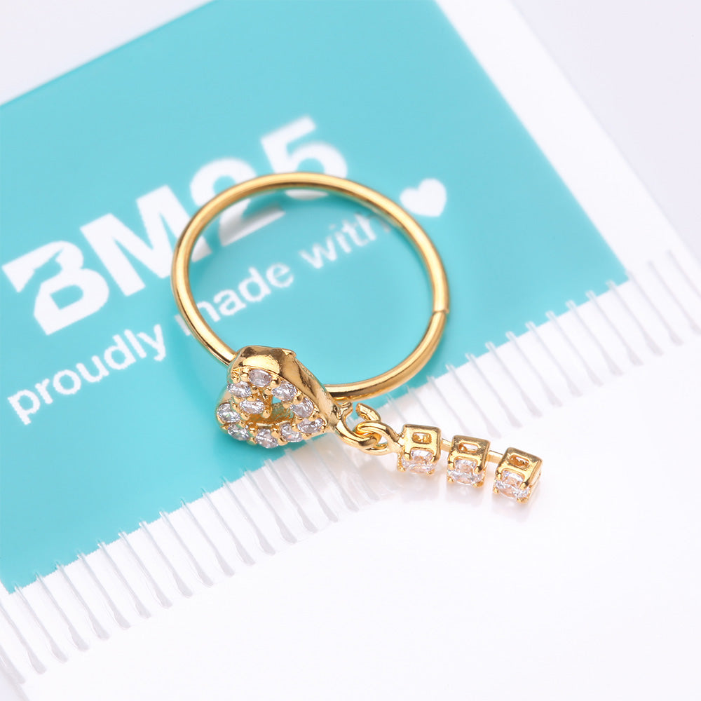 Detail View 4 of Golden Sparkle Heart Loop Dangle Gem Drop Bendable Hoop Ring-Clear Gem