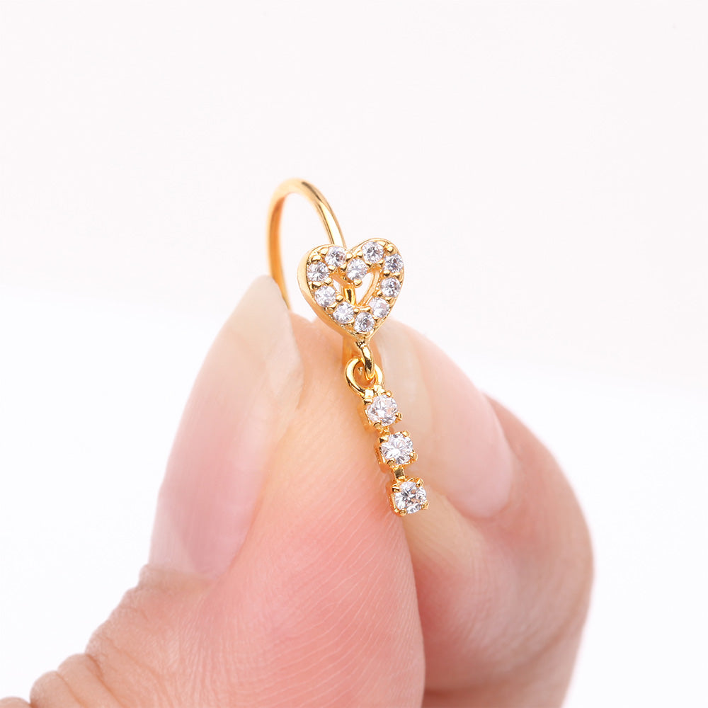 Detail View 2 of Golden Sparkle Heart Loop Dangle Gem Drop Bendable Hoop Ring-Clear Gem
