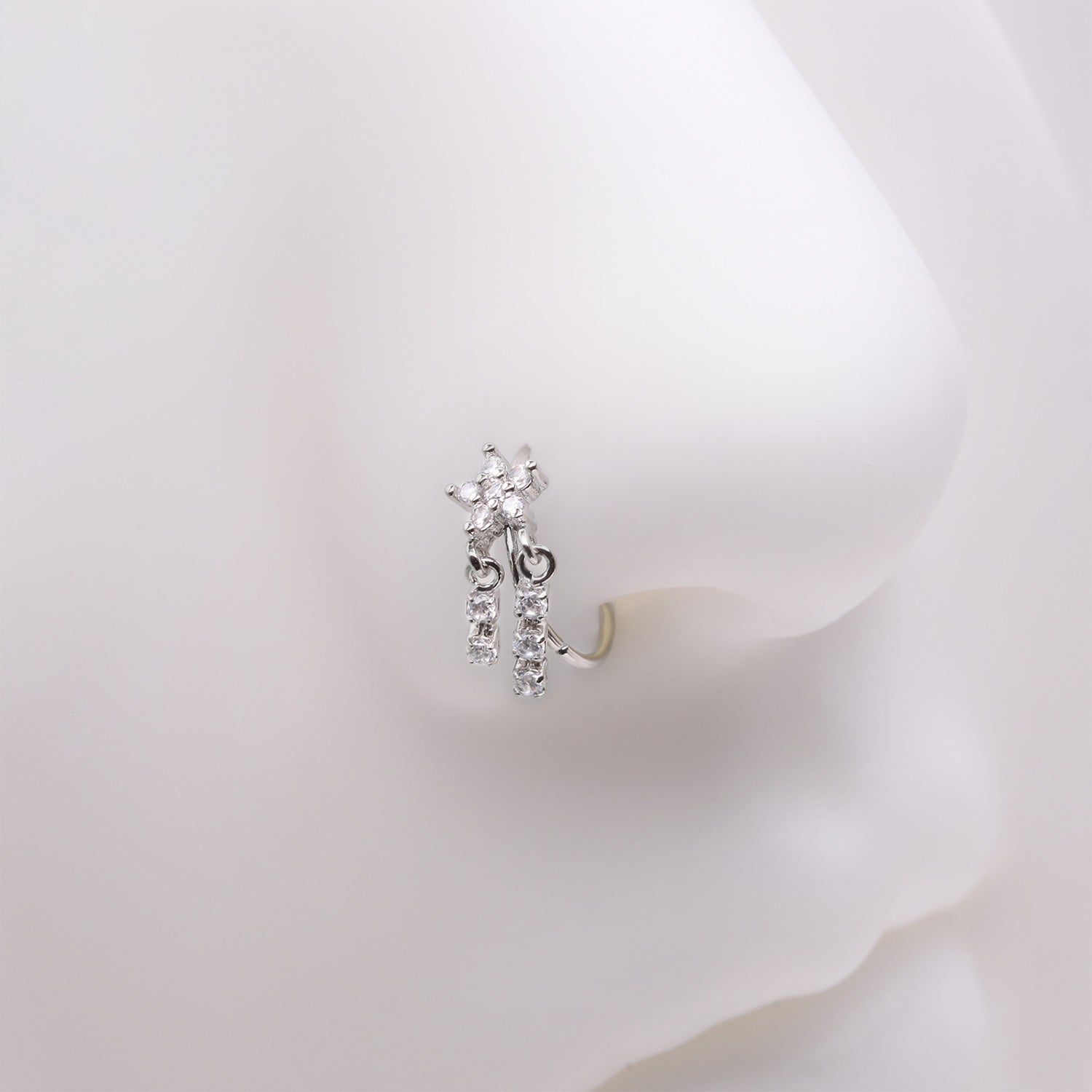 Detail View 1 of Sparkle Flower Dangle Gem Drop Bendable Hoop Ring-Clear Gem