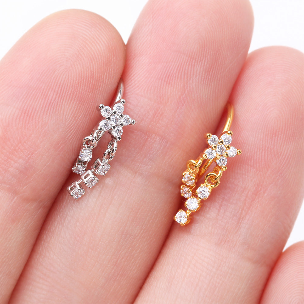 Detail View 3 of Golden Sparkle Flower Dangle Gem Drop Bendable Hoop Ring-Clear Gem