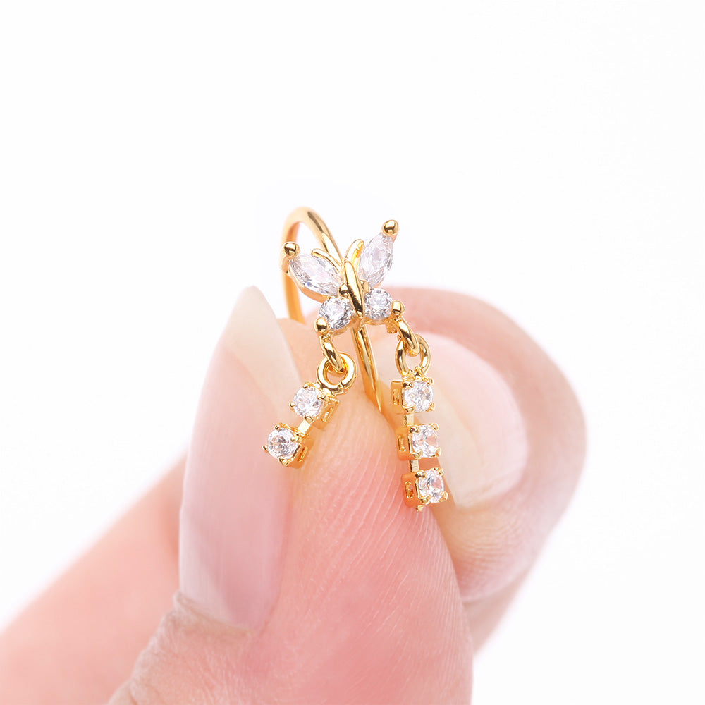 Detail View 2 of Golden Butterfly Sparkle Dangle Gem Drop Bendable Hoop Ring-Clear Gem