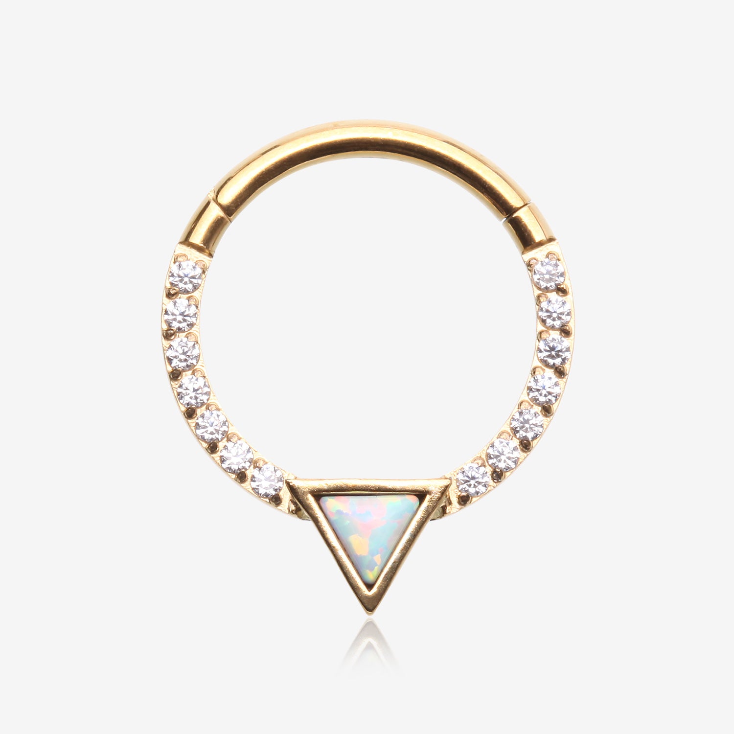 Golden Fire Opal Triangle Multi-Gem Sparkle Rim Seamless Clicker Hoop Ring-Clear Gem/White Opal