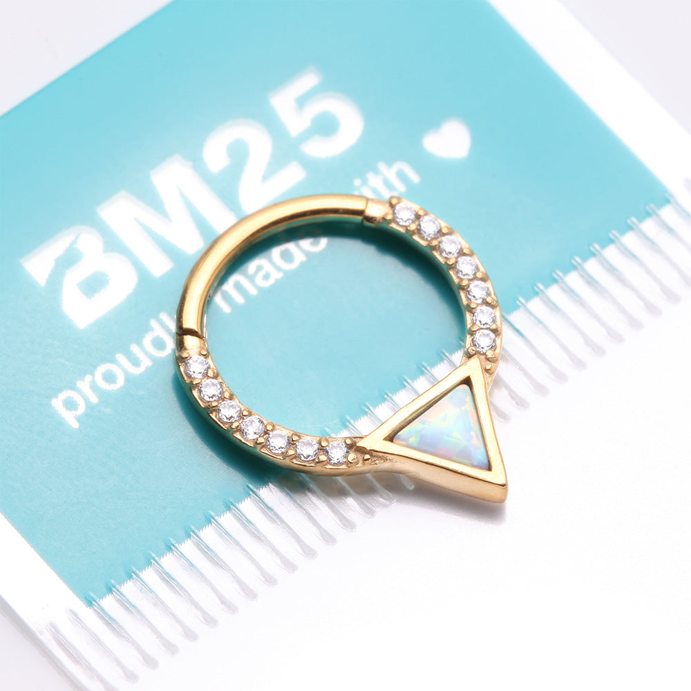 Detail View 4 of Golden Fire Opal Triangle Multi-Gem Sparkle Rim Seamless Clicker Hoop Ring-Clear Gem/White Opal