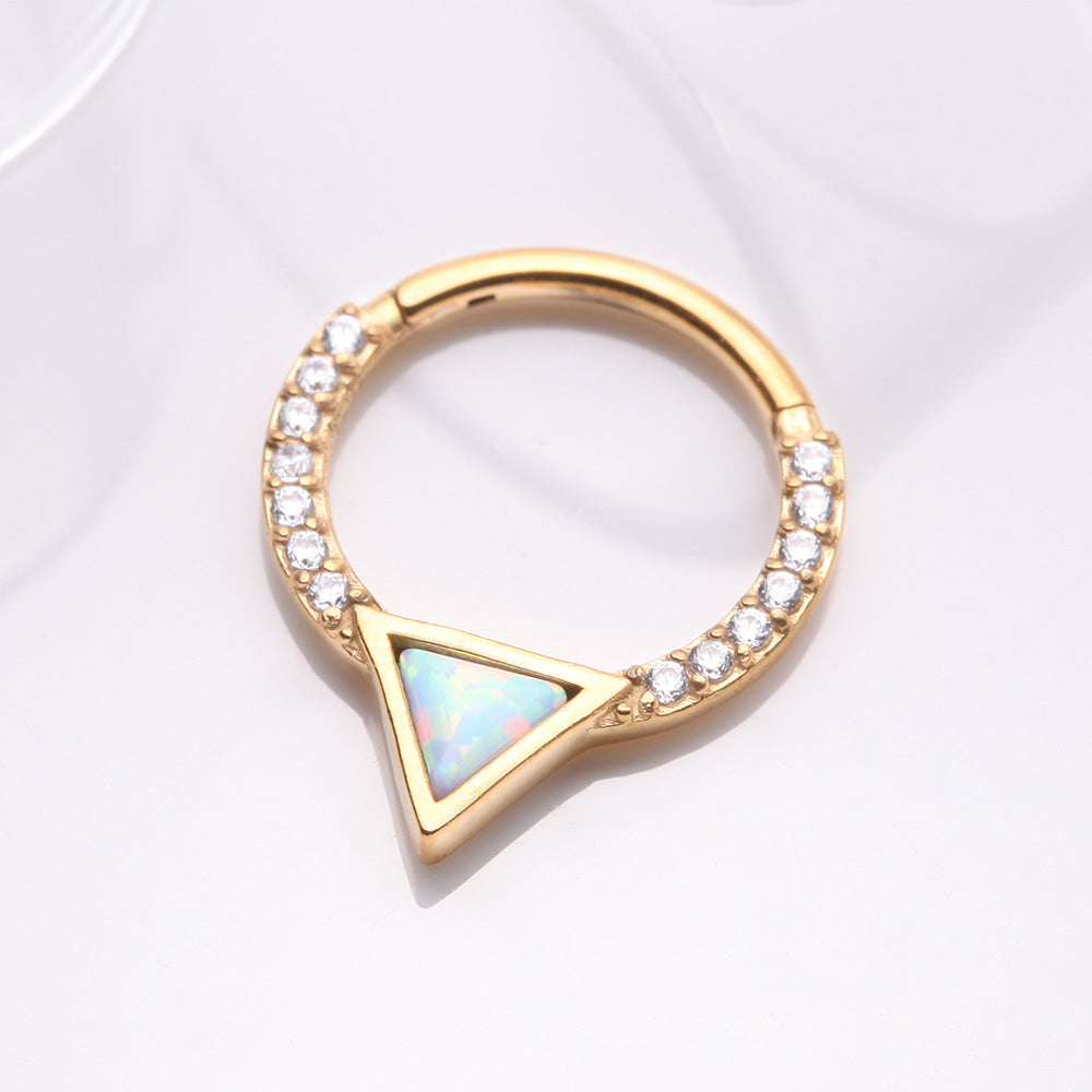 Detail View 2 of Golden Fire Opal Triangle Multi-Gem Sparkle Rim Seamless Clicker Hoop Ring-Clear Gem/White Opal