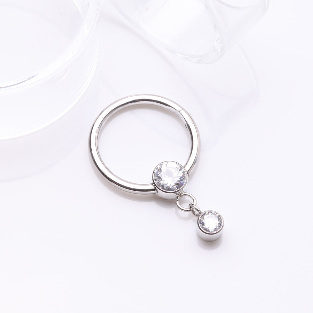 Detail View 2 of Simply Sparkly Dangle Gem Steel Clicker Hoop Ring-Clear Gem