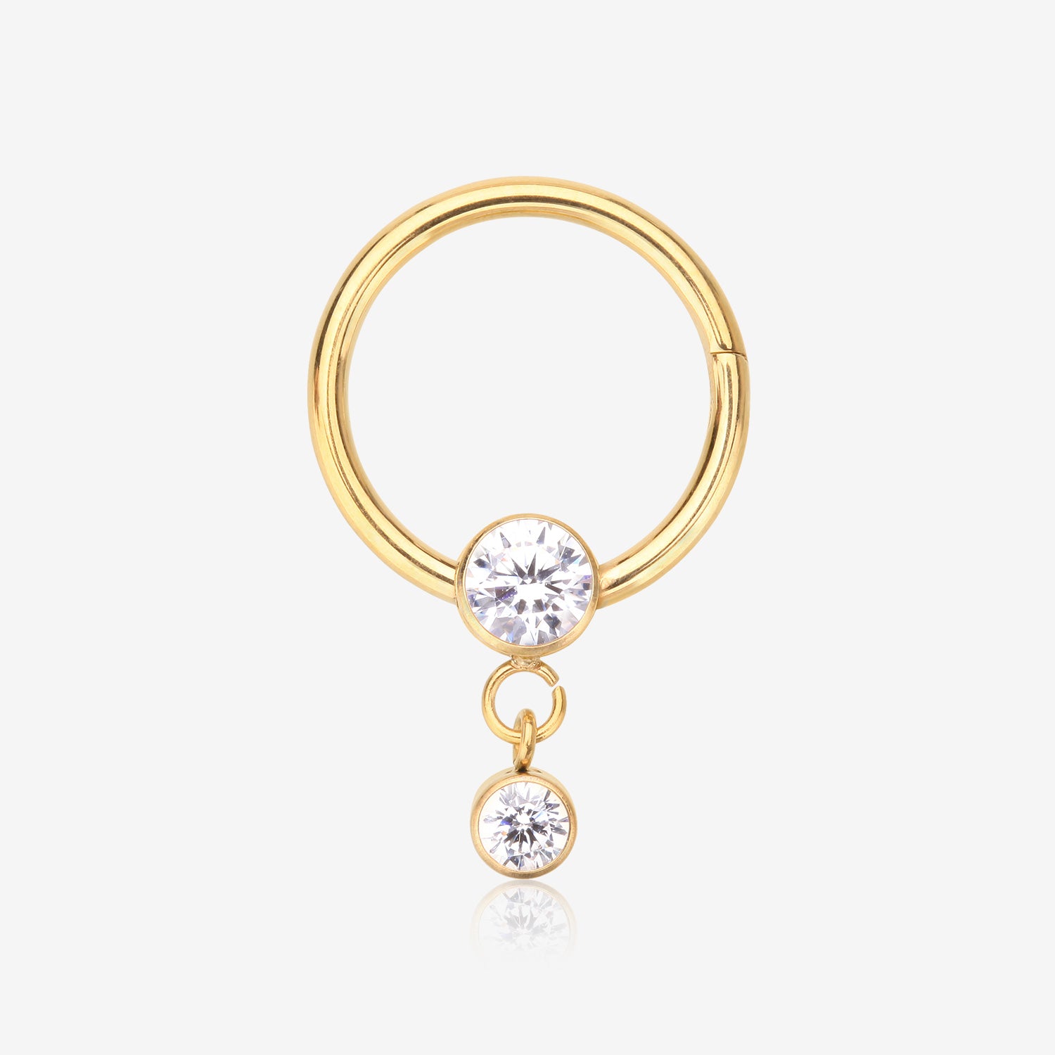 Golden Simply Sparkly Dangle Gem Steel Clicker Hoop Ring-Clear Gem