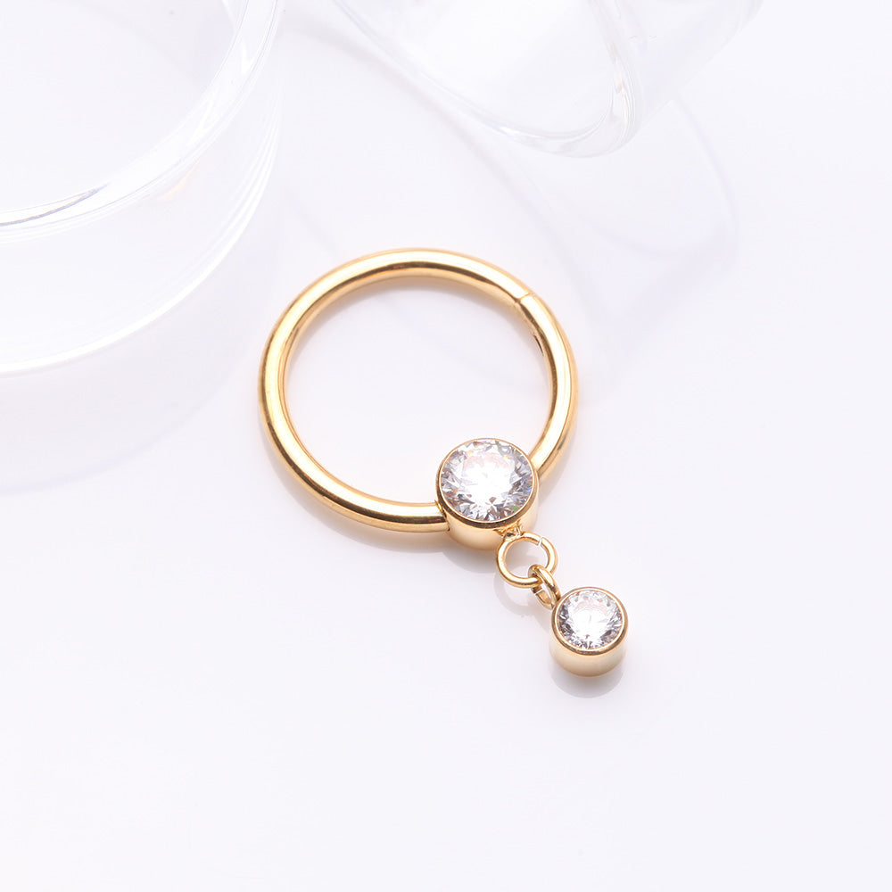 Detail View 2 of Golden Simply Sparkly Dangle Gem Steel Clicker Hoop Ring-Clear Gem