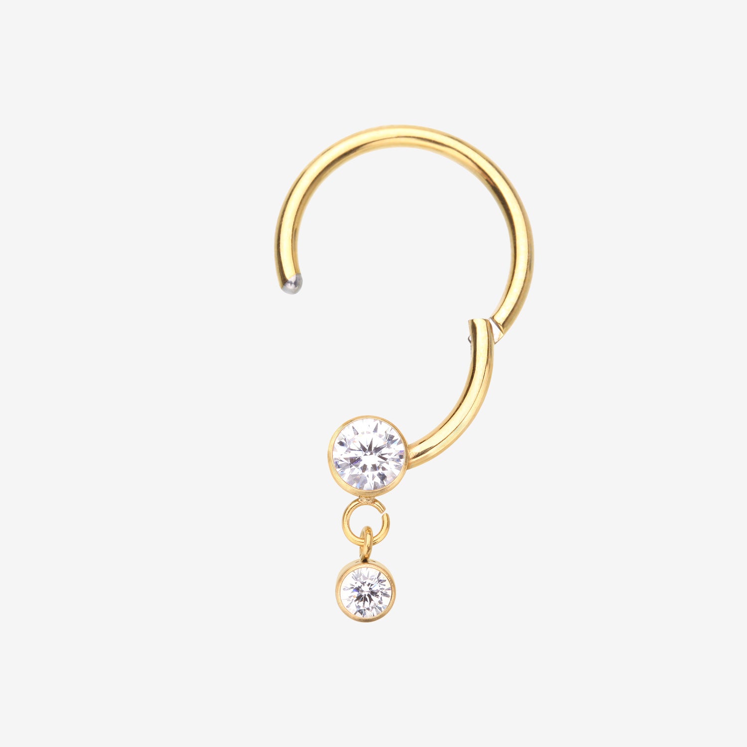 Detail View 1 of Golden Simply Sparkly Dangle Gem Steel Clicker Hoop Ring-Clear Gem