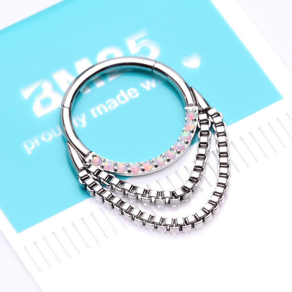 Detail View 3 of Majestic Fire Opal Double Chained Seamless Clicker Hoop Ring-White Opal