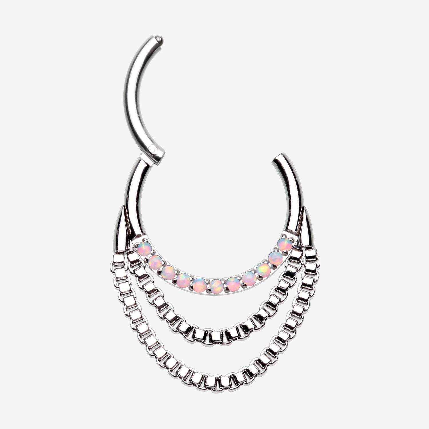 Detail View 1 of Majestic Fire Opal Double Chained Seamless Clicker Hoop Ring-White Opal