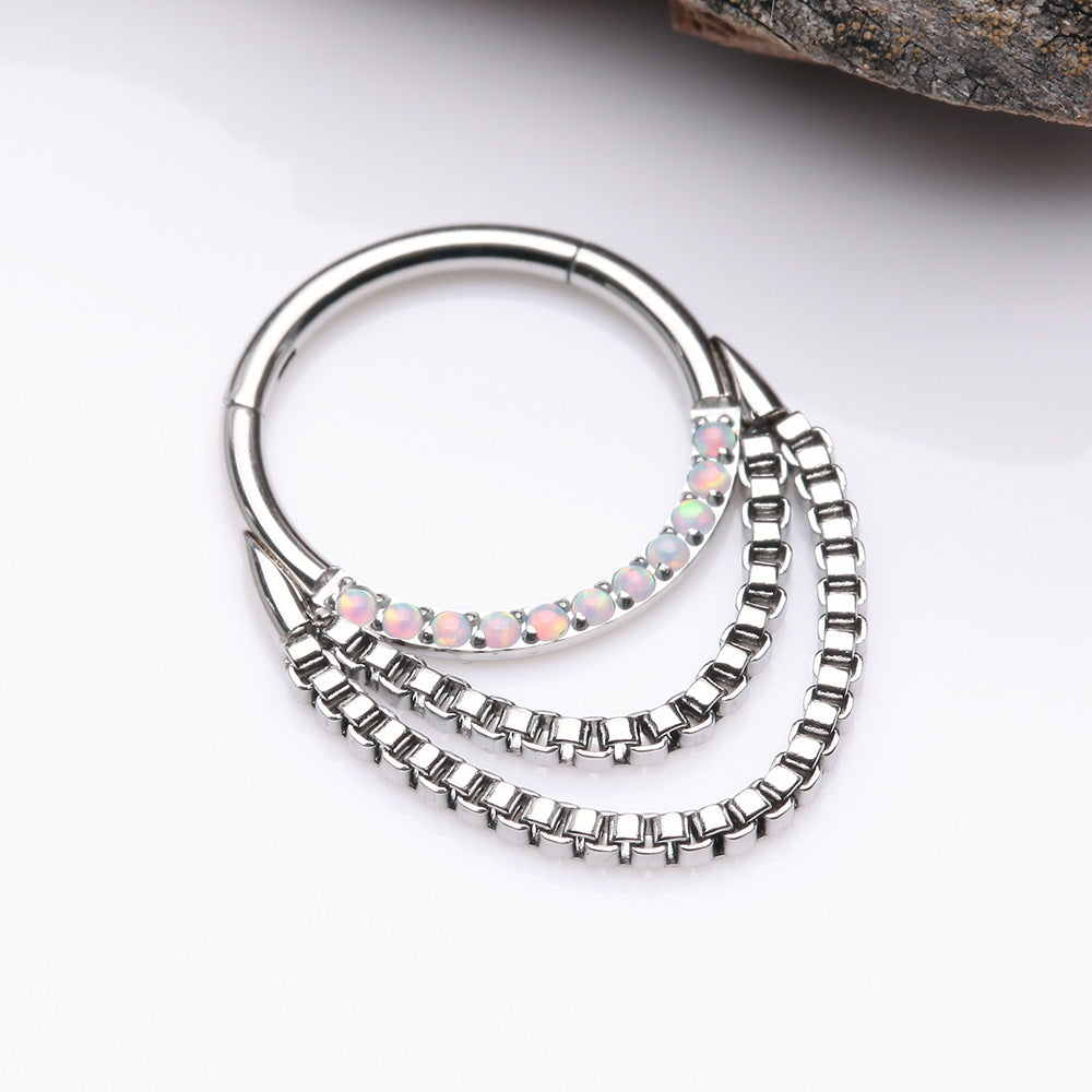 Detail View 2 of Majestic Fire Opal Double Chained Seamless Clicker Hoop Ring-White Opal