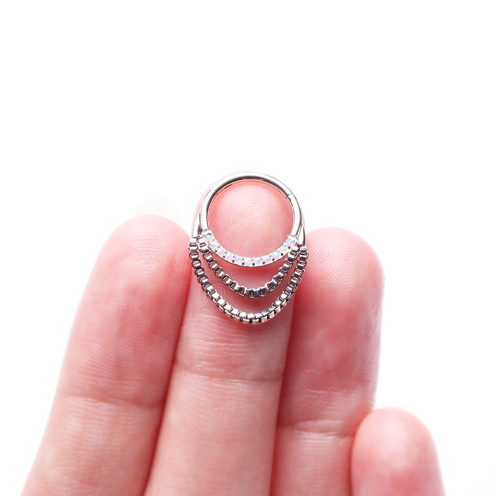 Detail View 4 of Majestic Fire Opal Double Chained Seamless Clicker Hoop Ring-White Opal