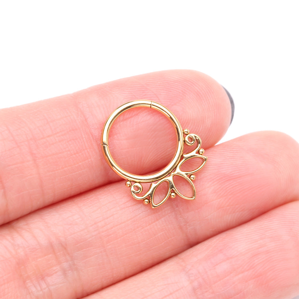 Detail View 3 of Golden Lotus Floral Filigree Elegance Clicker Hoop Ring