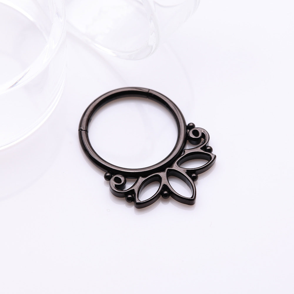 Detail View 2 of Blackline Lotus Floral Filigree Elegance Clicker Hoop Ring