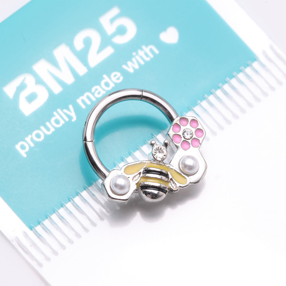 Detail View 4 of Bumble Bee Pearlescent Honeycomb Flower Clicker Hoop Ring