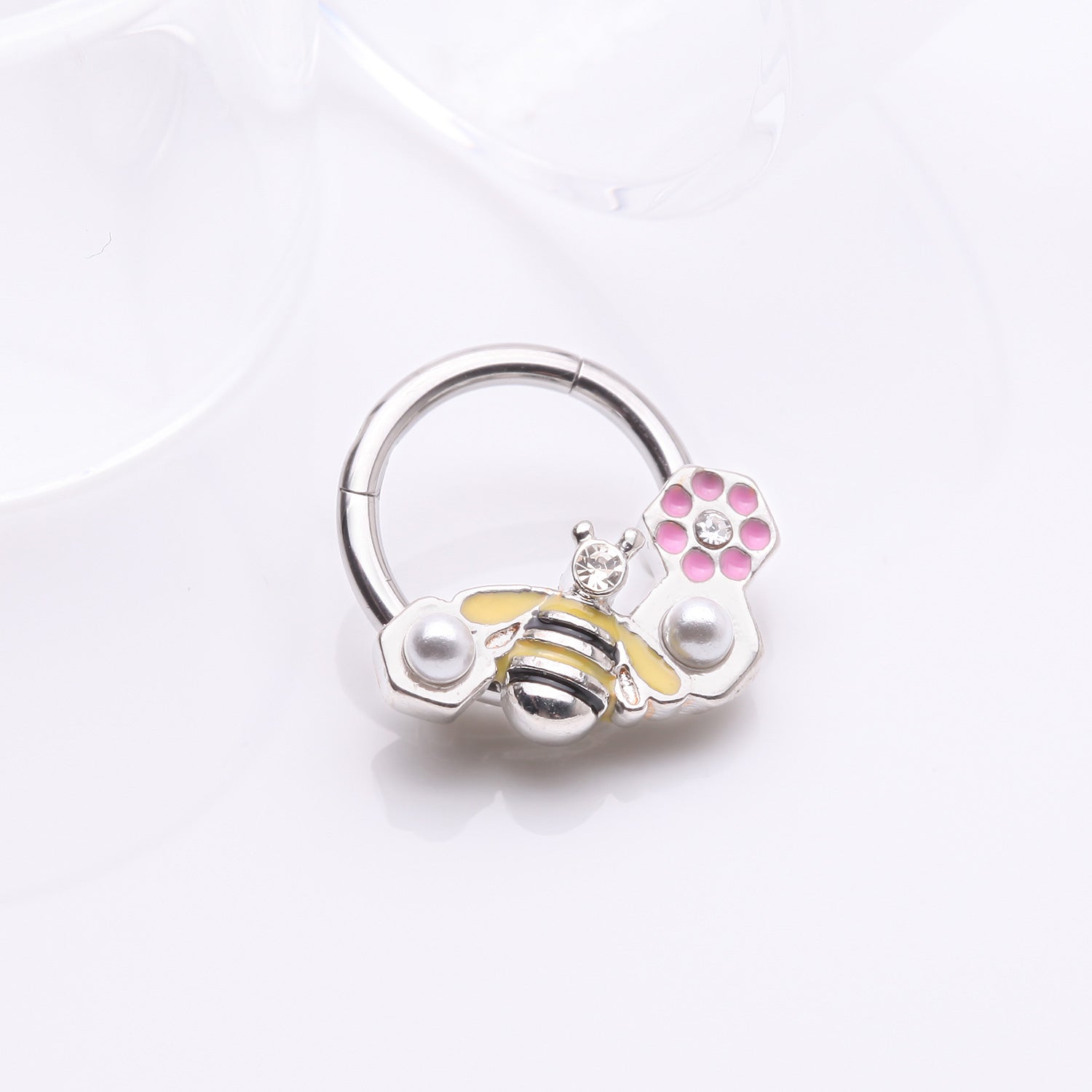 Detail View 1 of Bumble Bee Pearlescent Honeycomb Flower Clicker Hoop Ring
