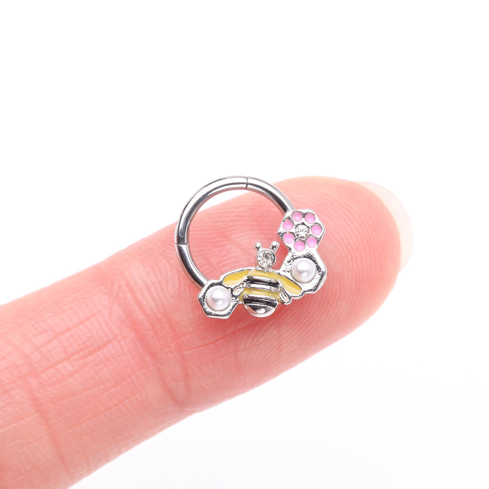Detail View 2 of Bumble Bee Pearlescent Honeycomb Flower Clicker Hoop Ring