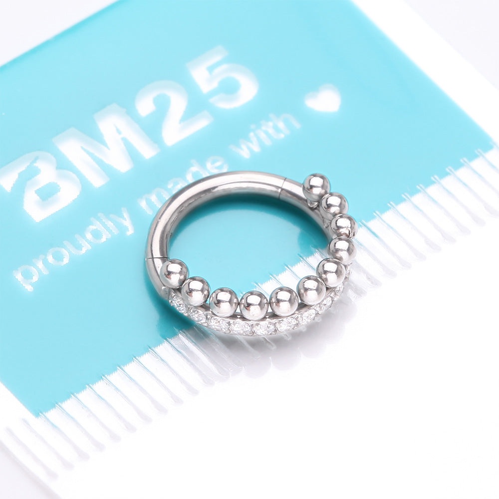 Detail View 4 of Beaded Layer Sparkle Elegance Clicker Hoop Ring-Clear Gem