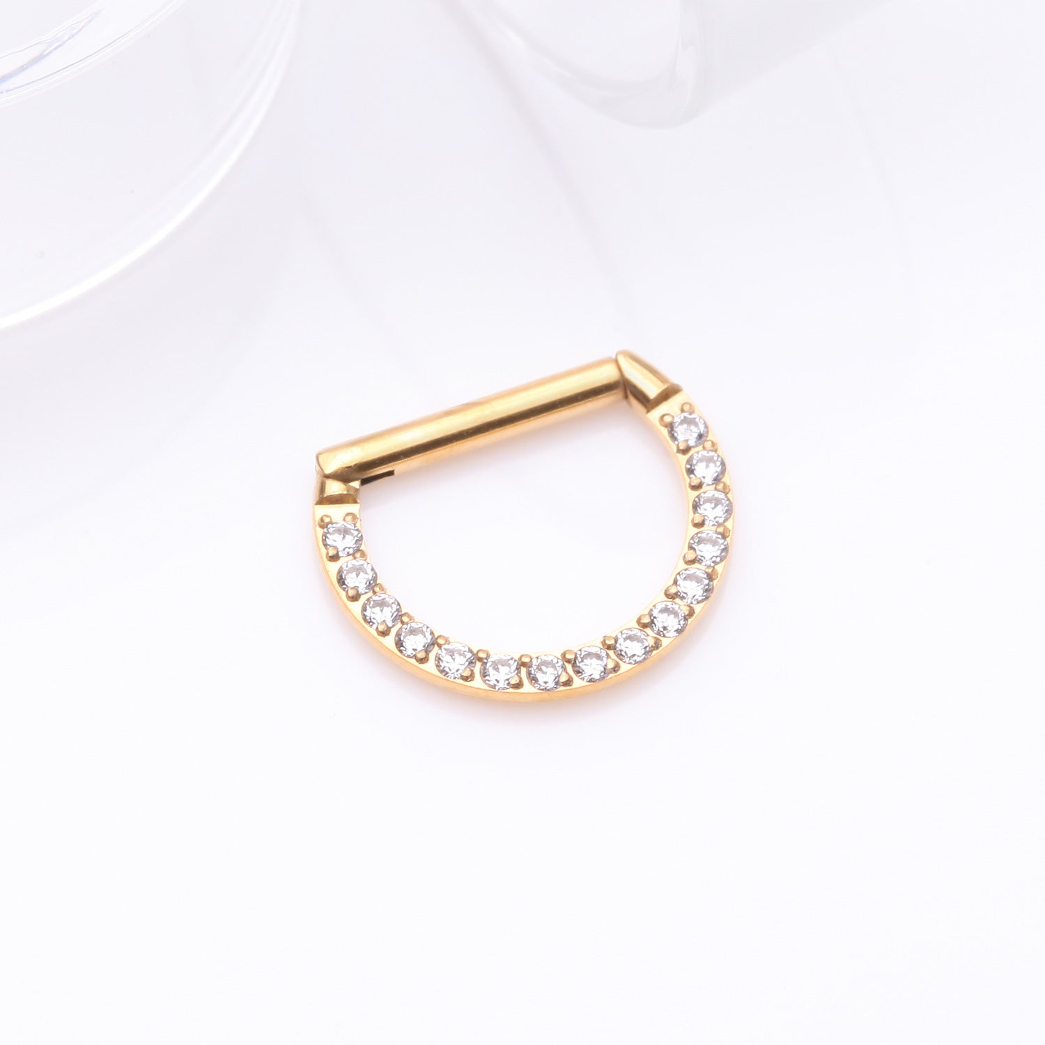Detail View 1 of Golden Brilliant Sparkle Multi-Gem Straight Bar Clicker Hoop Ring-Clear Gem