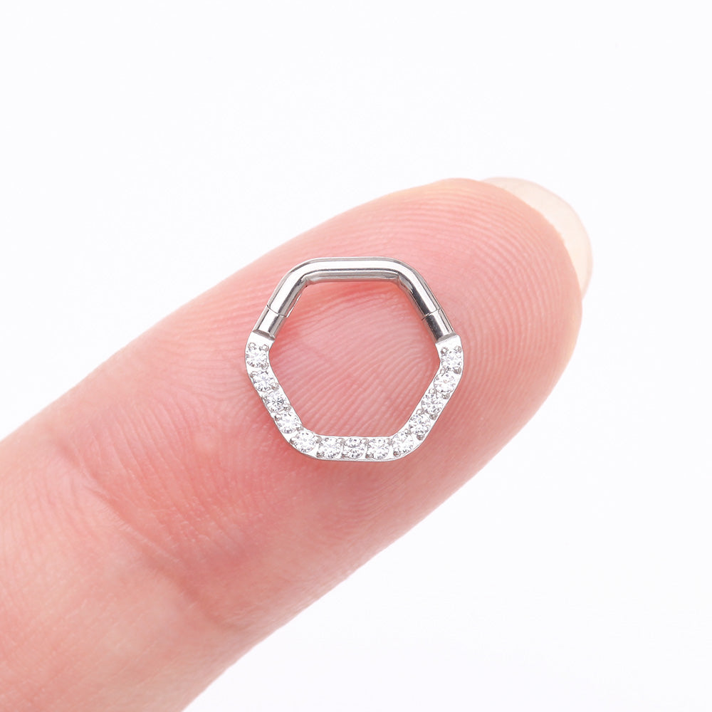 Detail View 2 of Brilliant Sparkle Multi-Gem Hexagon Clicker Hoop Ring-Clear Gem