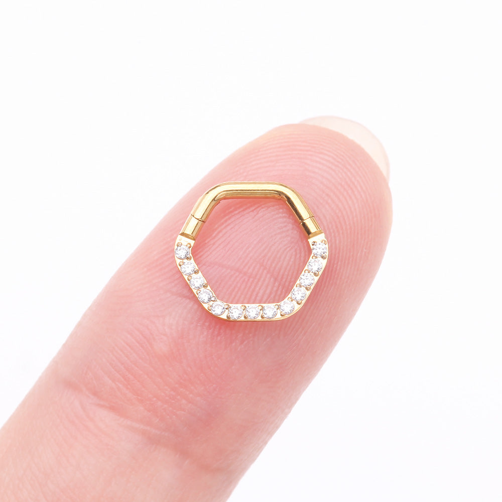 Detail View 2 of Golden Brilliant Sparkle Multi-Gem Hexagon Clicker Hoop Ring-Clear Gem