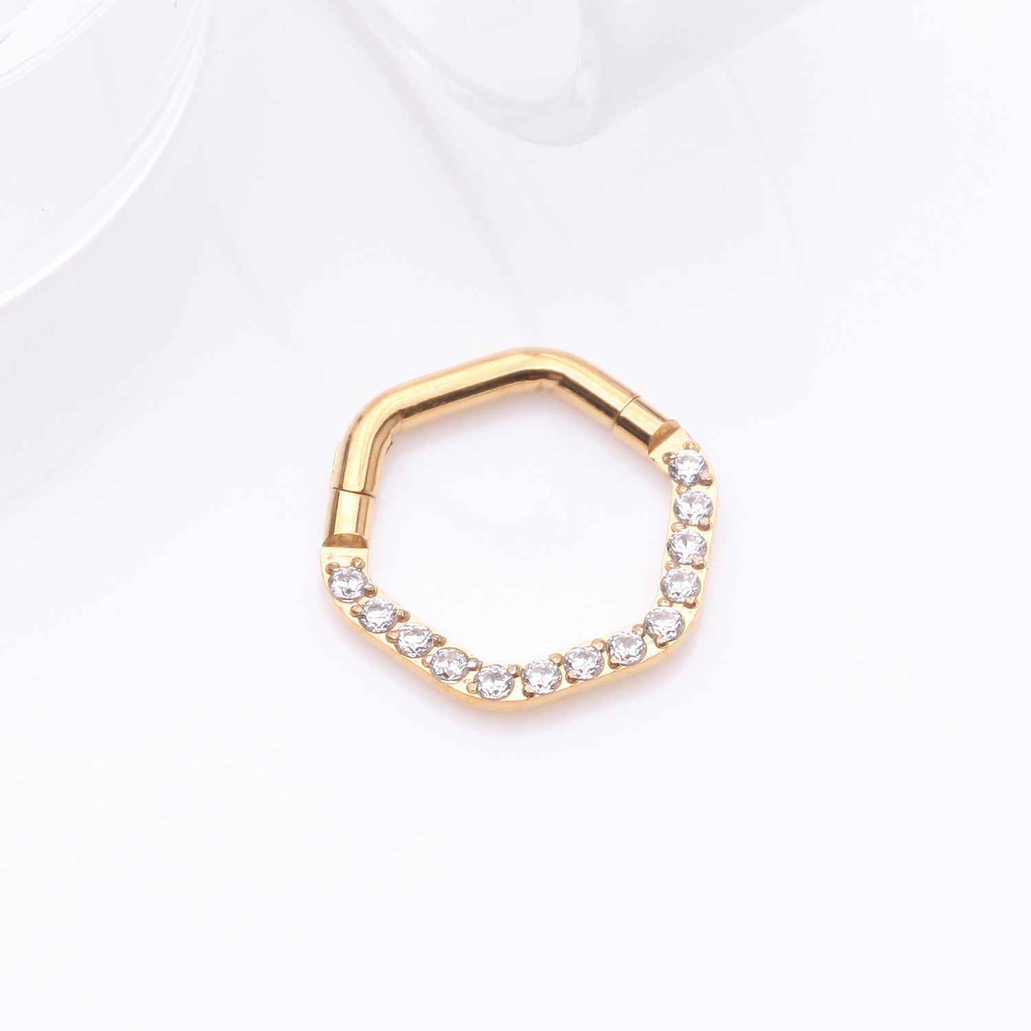Detail View 1 of Golden Brilliant Sparkle Multi-Gem Hexagon Clicker Hoop Ring-Clear Gem