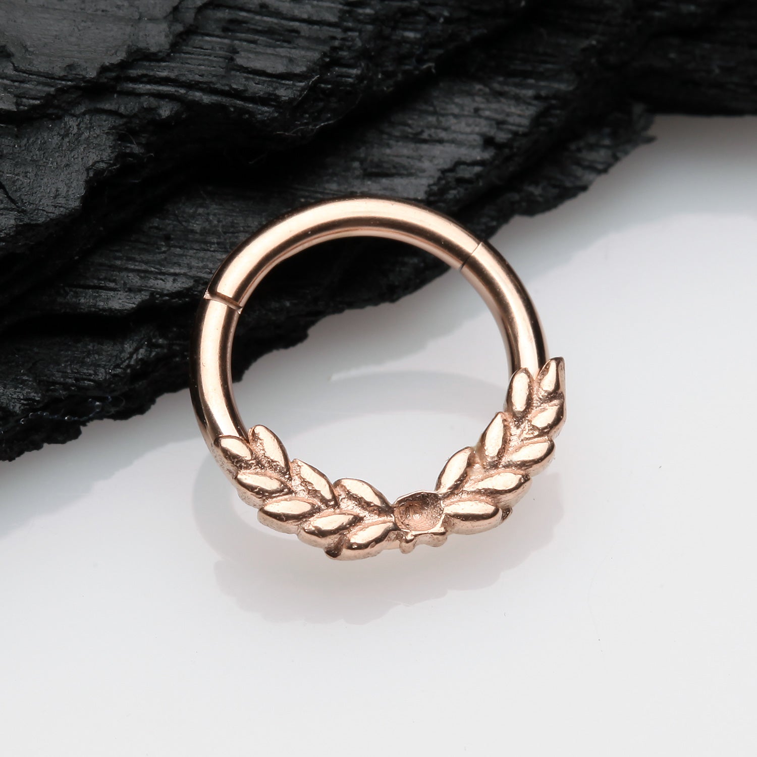 Detail View 1 of Rose Gold Laurel Wreath Seamless Clicker Hoop Ring