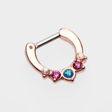 Detail View 2 of Rose Gold Opal Precia Septum Clicker-Fuchsia/Aurora Borealis