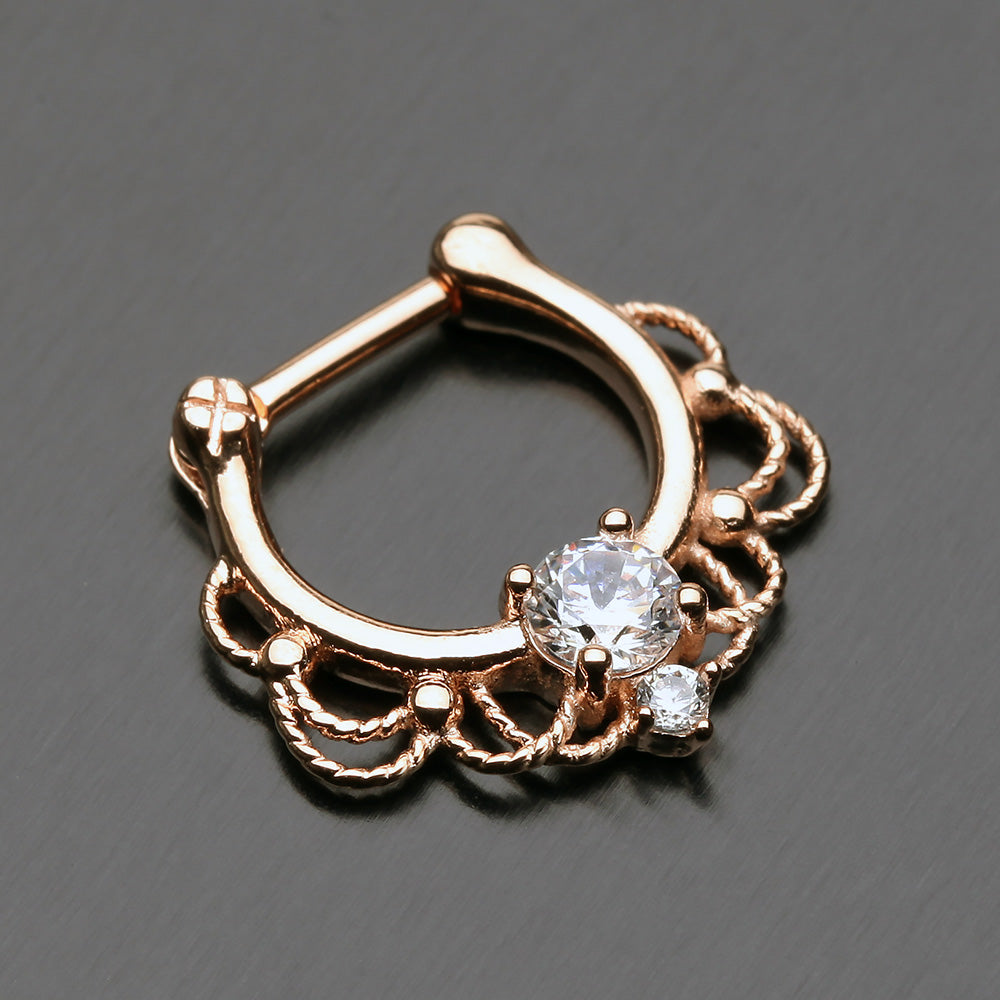 Detail View 2 of Rose Gold Turan Sparkle Septum Clicker Ring-Clear Gem