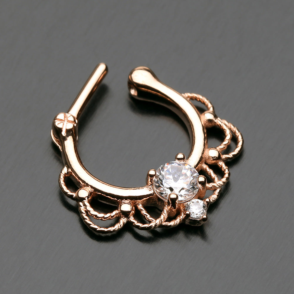 Detail View 3 of Rose Gold Turan Sparkle Septum Clicker Ring-Clear Gem