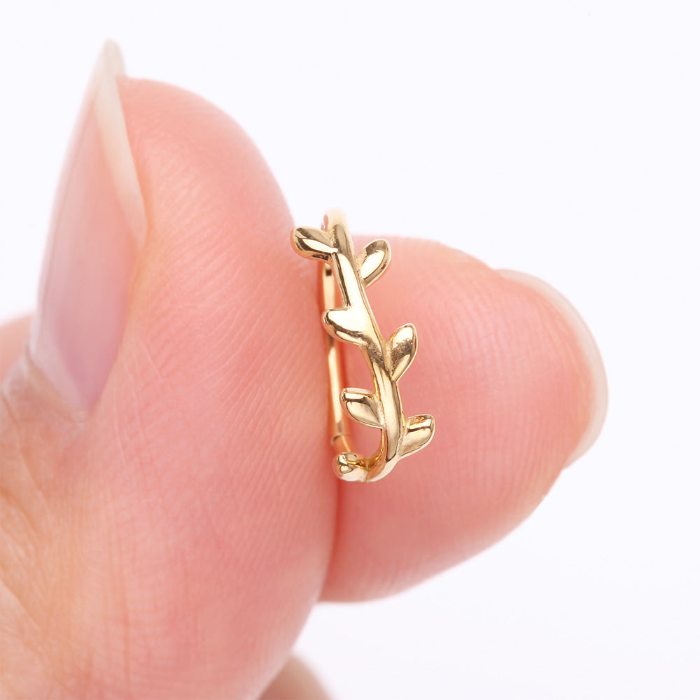 Detail View 2 of Golden Adorable Leaflet Wreath Steel Clicker Hoop Ring