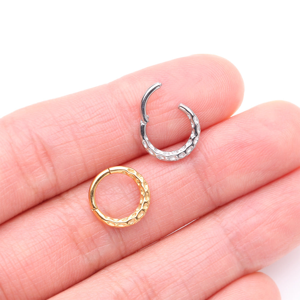 Detail View 3 of Golden Classic Hammered Texture Steel Clicker Hoop Ring